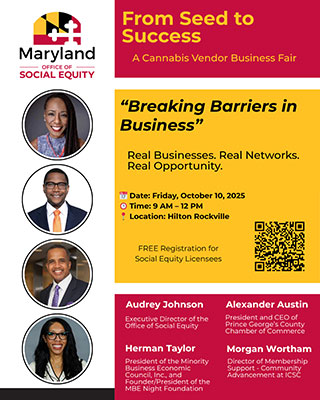 Image of Panelists Social Post - Final Panelist Poster:  from top: Audrey Johnson, Director of OSE, Alexander Austin, President and CEO of Prince George's County Chamter of Commerce, Herman Tayler, President of the Minority Business Economic Council, Inc., and Founder/President of the  MBE night Foundation, Morgan Wortham, Director of Membership Support - Community Advancement at ICSC